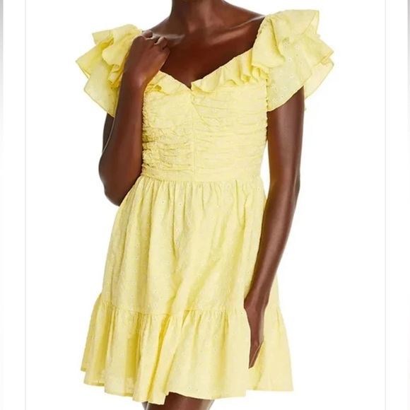 AQUA V-Neck Ruffled Eyelet Mini Dress Women's Large Yellow Short Flutter Sleeve - Picture 1 of 15
